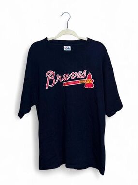 Majestic Men’s Atlanta Braves Vintage Navy Blue Short Sleeve Shirt Size XXL